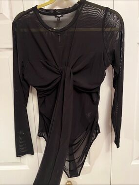 Express BLACK TIE Sheer Long-Sleeve Tie-Front Bodysuit Top
